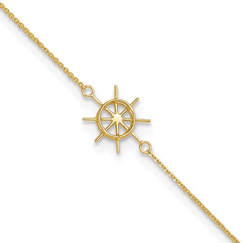 14K Yellow Gold Ships Wheel Plus 1 Inch Extender - Total 10 Inch Anklet, 9"