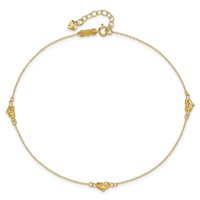 14K Yellow Gold Polished Diamond-cut Triple Puffed Hearts Plus 1 Inch Extender - Total 10 Inch Anklet, 9" view 5