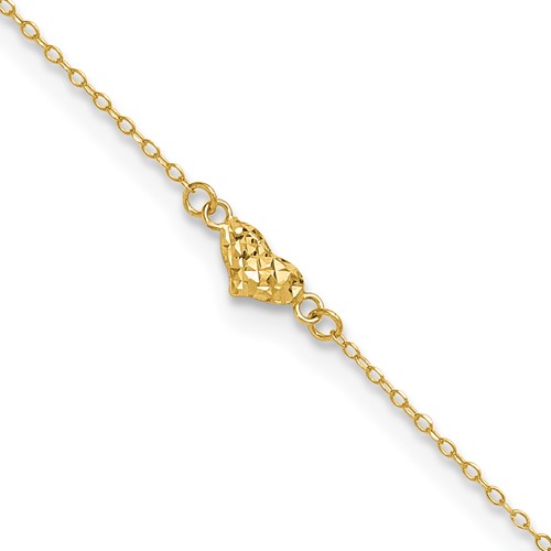 14K Yellow Gold Polished Diamond-cut Triple Puffed Hearts Plus 1 Inch Extender - Total 10 Inch Anklet, 9"