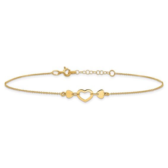14k Polished Open Heart 10 inch Plus 0.75 inch Extender - Total 10.75 inch Anklet