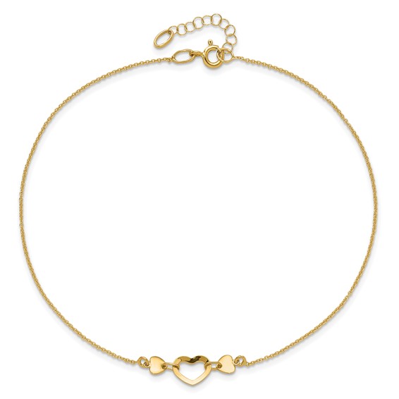14k Polished Open Heart 10 inch Plus 0.75 inch Extender - Total 10.75 inch Anklet