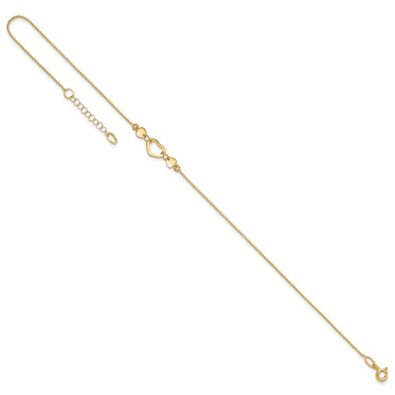14k Polished Open Heart 10 inch Plus 0.75 inch Extender - Total 10.75 inch Anklet