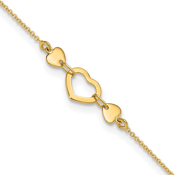 14k Polished Open Heart 10 inch Plus 0.75 inch Extender - Total 10.75 inch Anklet