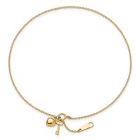14K Yellow Gold Cable Chain Anklet with Puffed Heart and Key Dangle Plus 1 Inch Extender - Total 10 Inch, 9" view 5