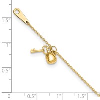 14K Yellow Gold Cable Chain Anklet with Puffed Heart and Key Dangle Plus 1 Inch Extender - Total 10 Inch, 9" view 4