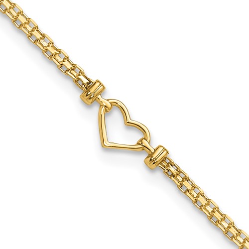 14K Yellow Gold Polished Open Heart and Bismark Chain Anklet - 9in