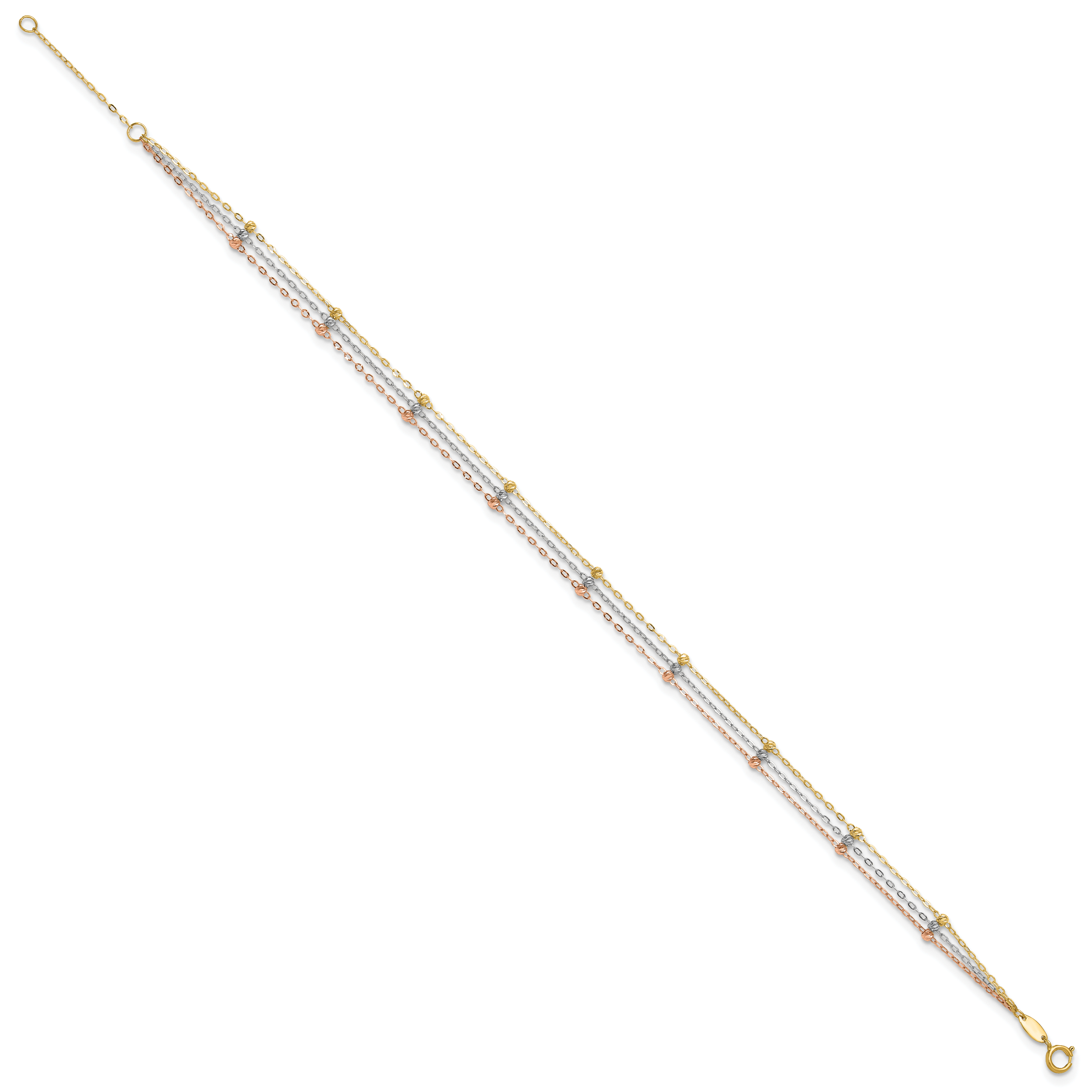 14k Tri-Color 3-Strang Diamantschliff Perlen 9 Stationen 9 Zoll Plus 1 Zoll Verlängerung - Bild 2 von 7