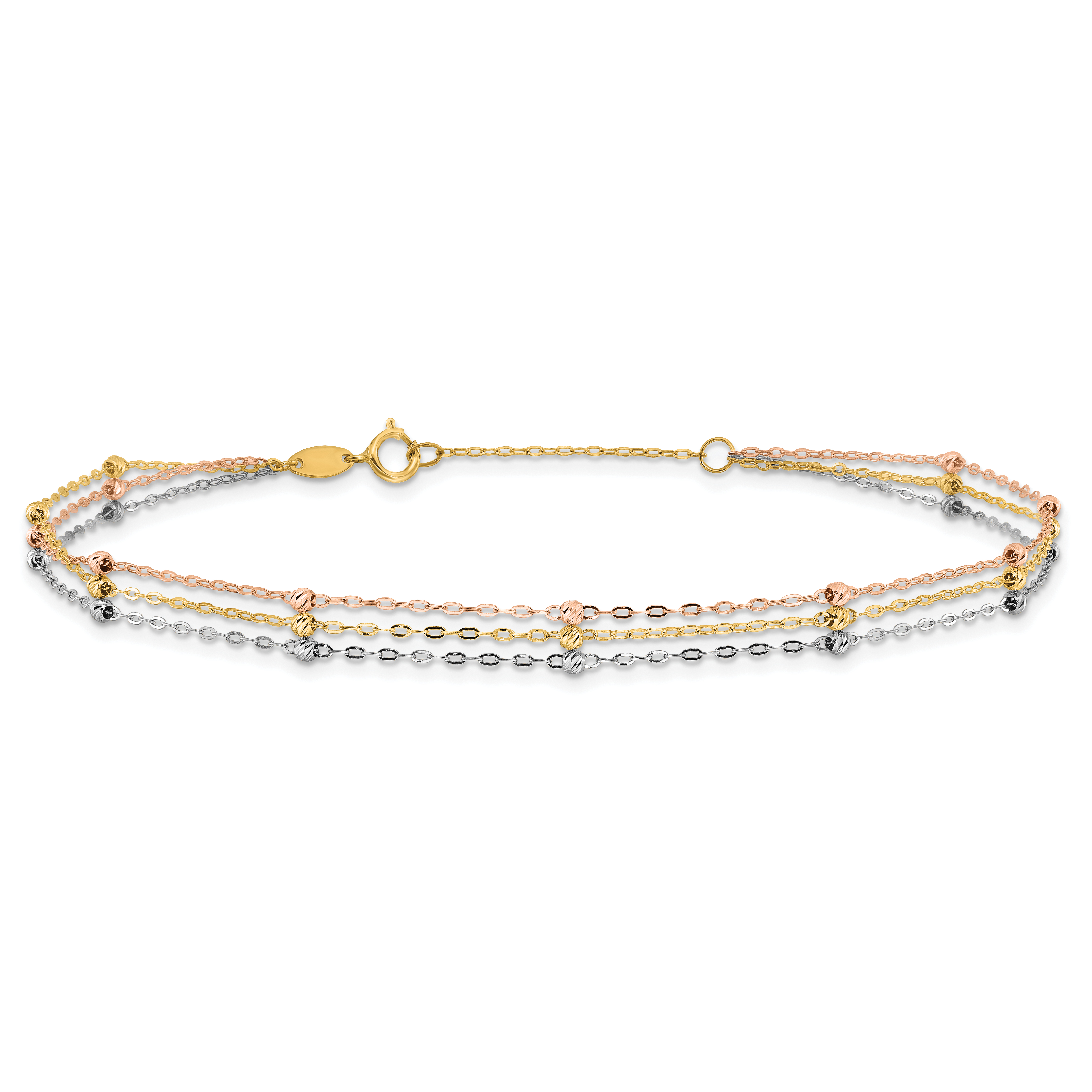 14k Tri-Color 3-Strang Diamantschliff Perlen 9 Stationen 9 Zoll Plus 1 Zoll Verlängerung - Bild 3 von 7