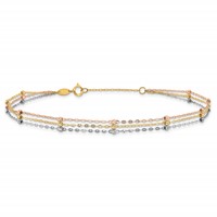 14K Tri-color 3-Strand Diamond-cut Beaded 9-Station Plus 1 Inch Extender - Total 10 Inch Anklet, 9" view 3