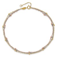 14K Tri-color 3-Strand Diamond-cut Beaded 9-Station Plus 1 Inch Extender - Total 10 Inch Anklet, 9" view 5