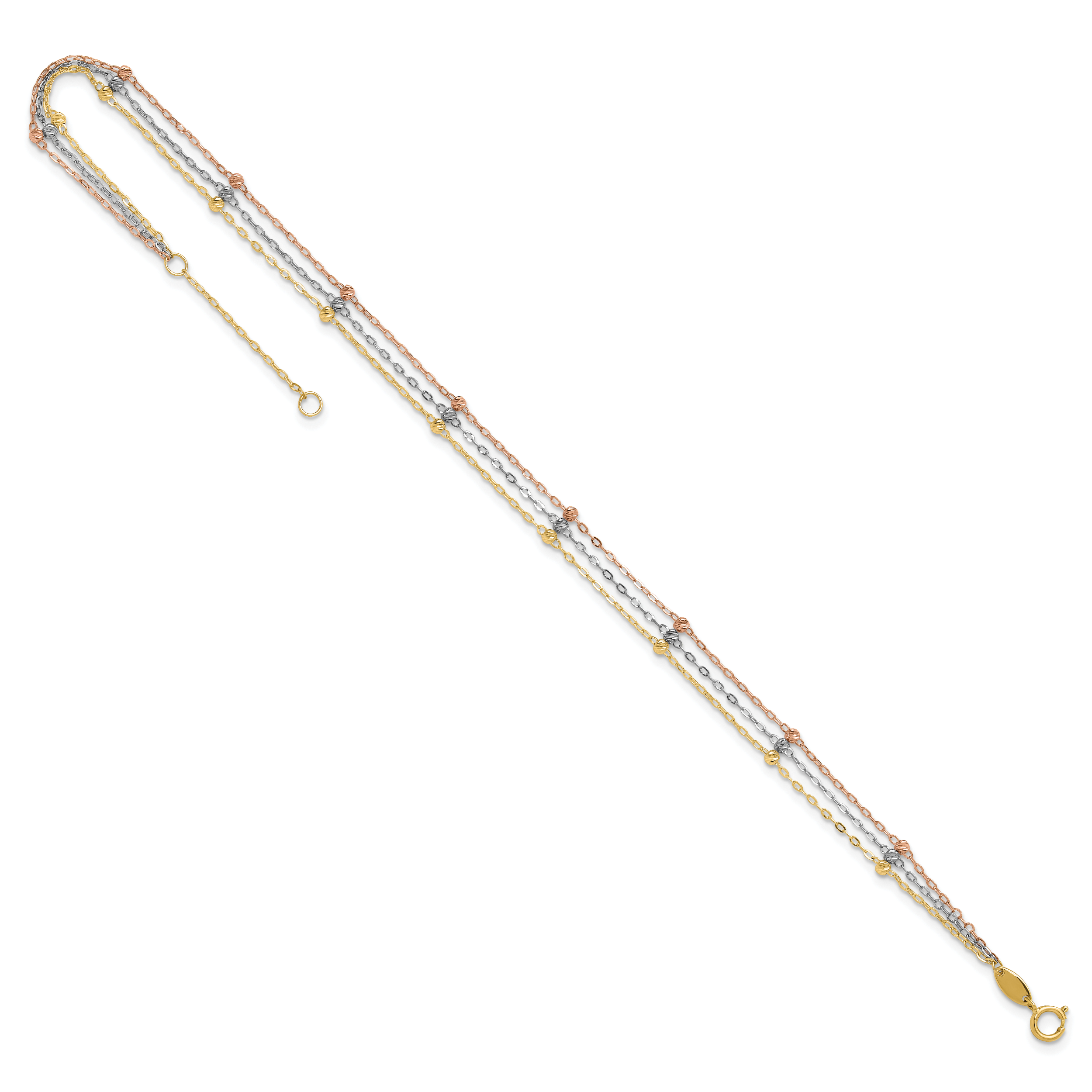 14k Tri-Color 3-Strang Diamantschliff Perlen 9 Stationen 9 Zoll Plus 1 Zoll Verlängerung - Bild 7 von 7