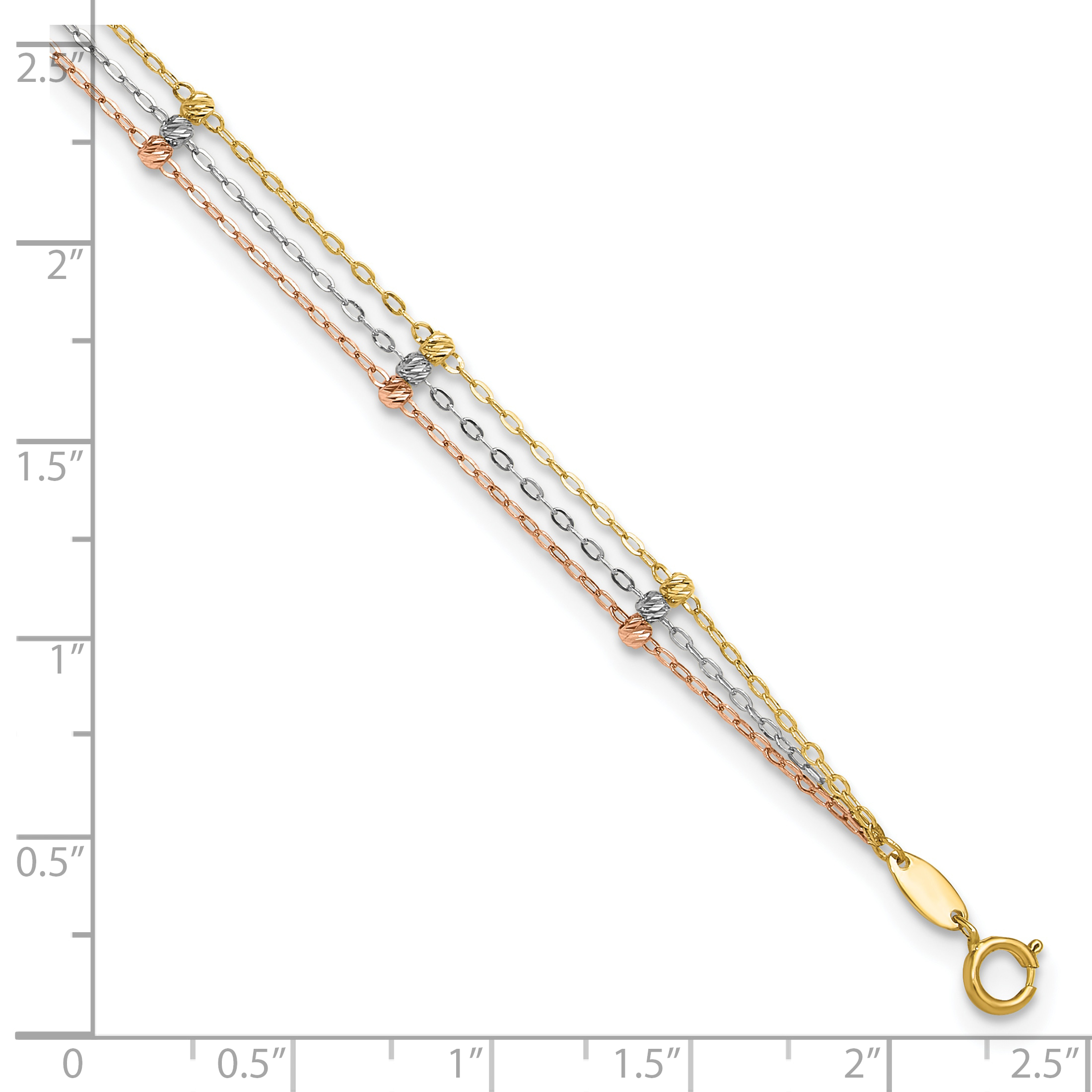 14k Tri-Color 3-Strang Diamantschliff Perlen 9 Stationen 9 Zoll Plus 1 Zoll Verlängerung - Bild 4 von 7