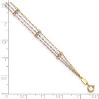 14K Tri-color 3-Strand Diamond-cut Beaded 9-Station Plus 1 Inch Extender - Total 10 Inch Anklet, 9" view 4