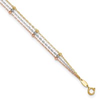 14K Tri-color 3-Strand Diamond-cut Beaded 9-Station Plus 1 Inch Extender - Total 10 Inch Anklet, 9" view 1
