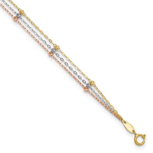 14K Tri-color 3-Strand Diamond-cut Beaded 9-Station Plus 1 Inch Extender - Total 10 Inch Anklet, 9"