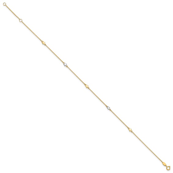 14K Two-Tone Polished Stars 5-Station 10 inch Plus 1 inch Extender - Total 11 inch Anklet