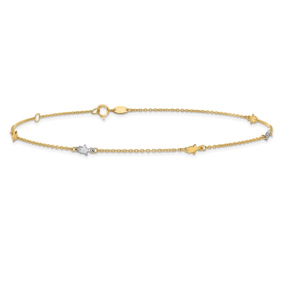 14K Two-Tone Polished Stars 5-Station 10 inch Plus 1 inch Extender - Total 11 inch Anklet