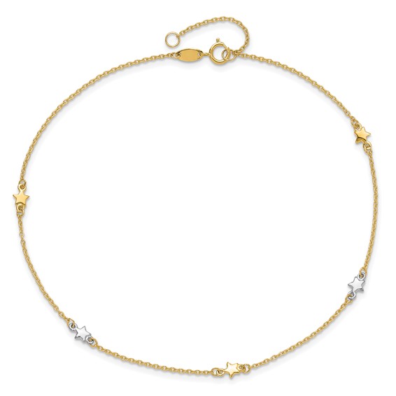 14K Two-Tone Polished Stars 5-Station 10 inch Plus 1 inch Extender - Total 11 inch Anklet