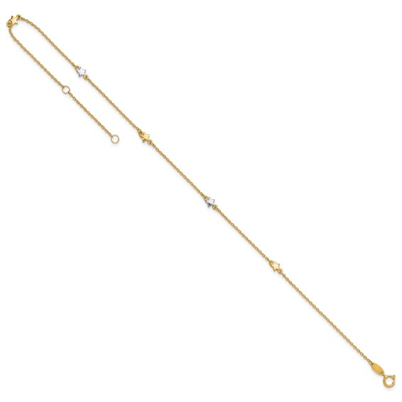 14K Two-Tone Polished Stars 5-Station 10 inch Plus 1 inch Extender - Total 11 inch Anklet