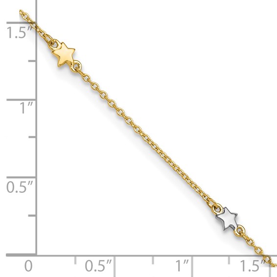 14K Two-Tone Polished Stars 5-Station 10 inch Plus 1 inch Extender - Total 11 inch Anklet