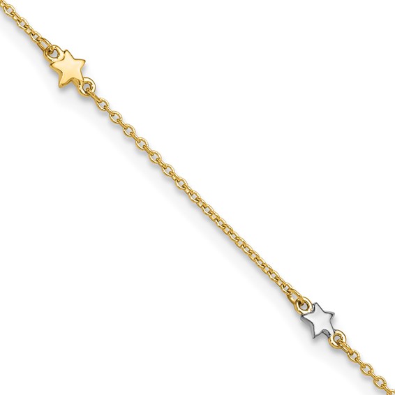 14K Two-Tone Polished Stars 5-Station 10 inch Plus 1 inch Extender - Total 11 inch Anklet