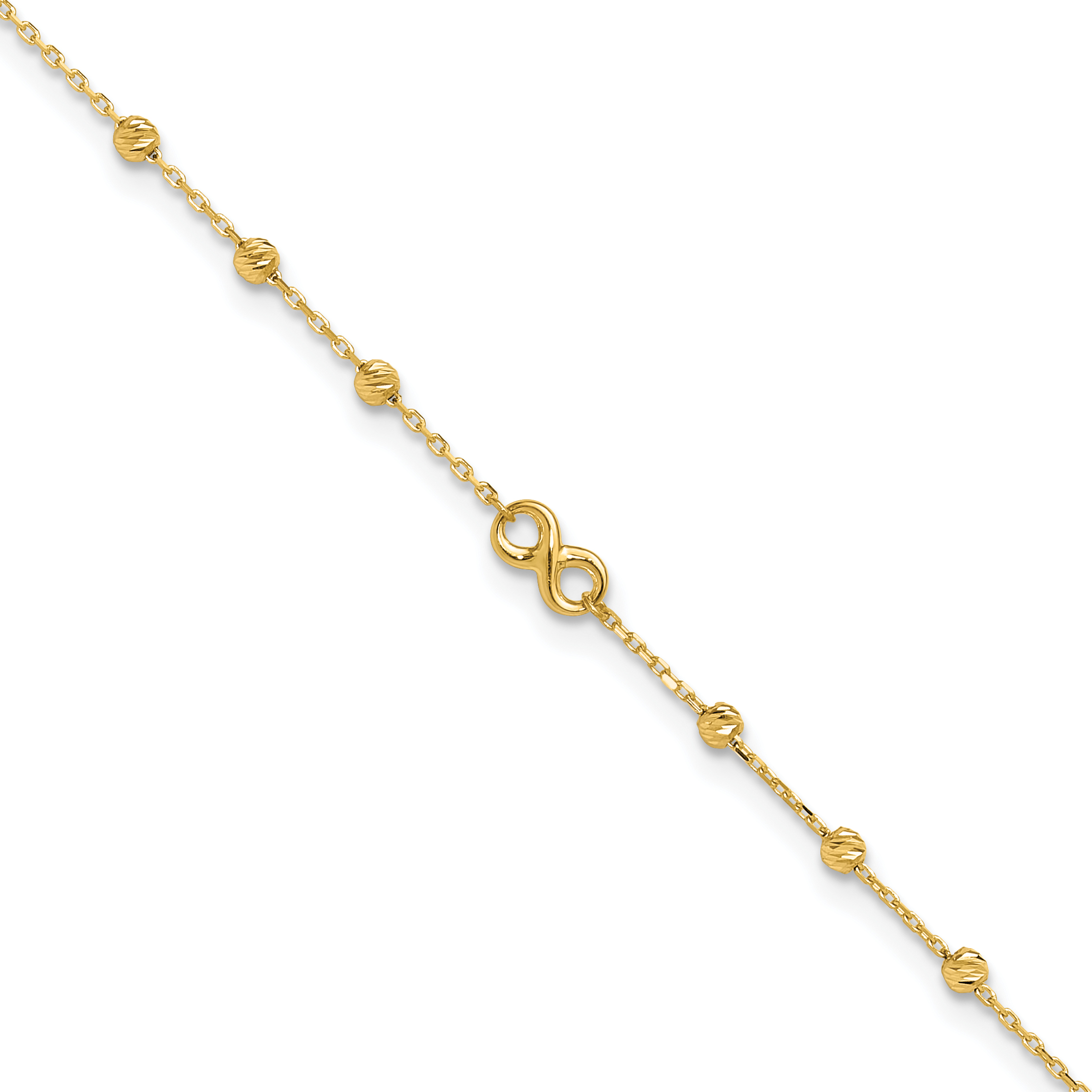 14K Infinity Symbol and Diamond-cut Beads 10 inch Anklet Plus 1 inch Extender (ANK296-10)