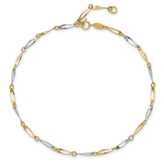 14k Two-Tone Polished Oval Twist Link 9 inch Plus 1 inch Extender - Total 10 inch Anklet