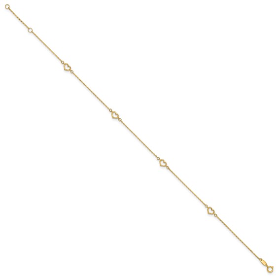 14K Open Hearts 4-Station 10 inch Plus 1 inch Extender - Total 11 inch Anklet