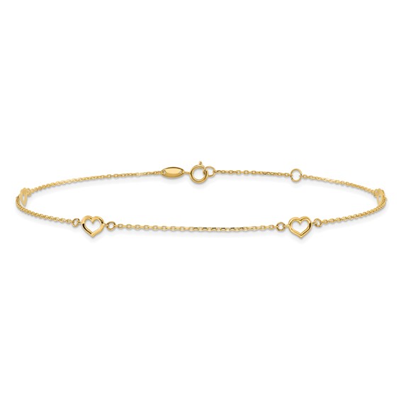 14K Open Hearts 4-Station 10 inch Plus 1 inch Extender - Total 11 inch Anklet