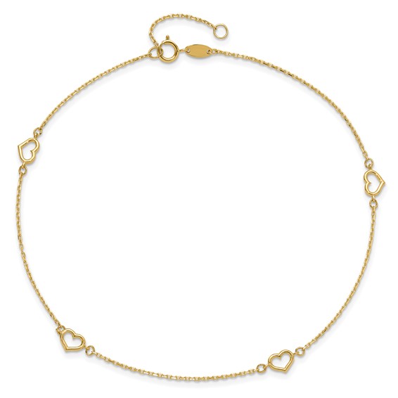 14K Open Hearts 4-Station 10 inch Plus 1 inch Extender - Total 11 inch Anklet