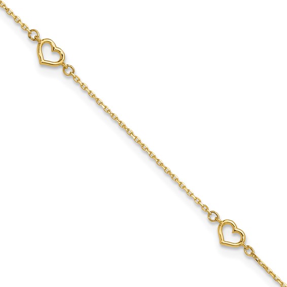 14K Open Hearts 4-Station 10 inch Plus 1 inch Extender - Total 11 inch Anklet