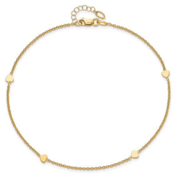 14K Polished Hearts 4-Station 10 inch Plus 1 inch Extender - Total 11 inch Anklet