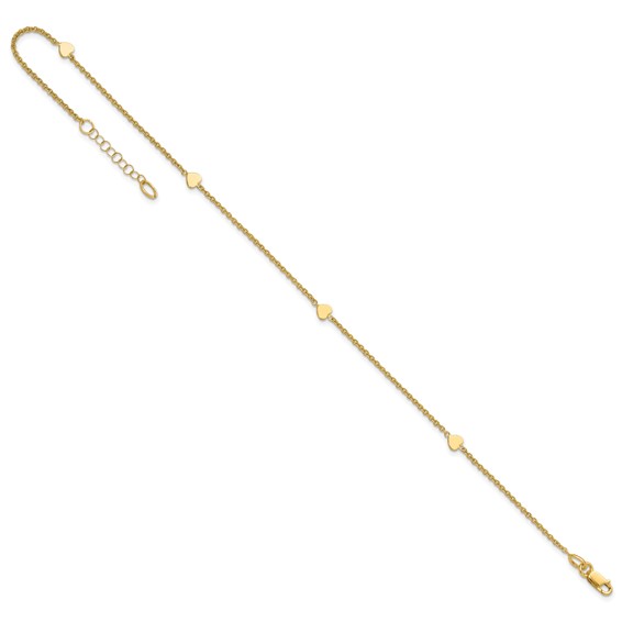 14K Polished Hearts 4-Station 10 inch Plus 1 inch Extender - Total 11 inch Anklet
