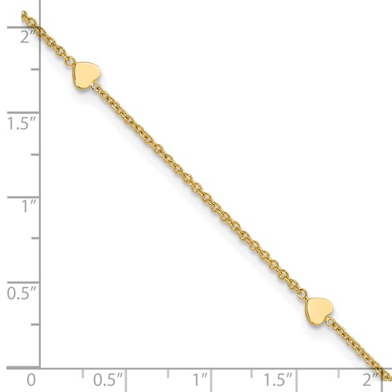 14K Polished Hearts 4-Station 10 inch Plus 1 inch Extender - Total 11 inch Anklet