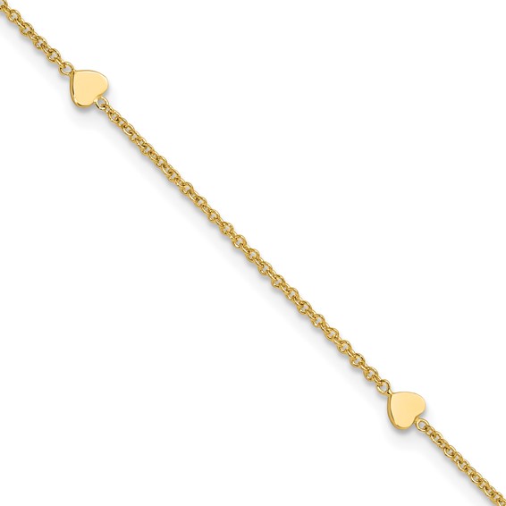 14K Polished Hearts 4-Station 10 inch Plus 1 inch Extender - Total 11 inch Anklet