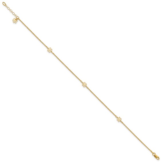 14K Flowers 3-Station with Flower Dangle 10 inch Plus 1 inch Extender - Total 11 inch Anklet