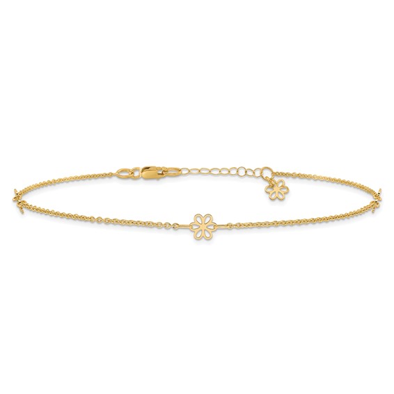 14K Flowers 3-Station with Flower Dangle 10 inch Plus 1 inch Extender - Total 11 inch Anklet