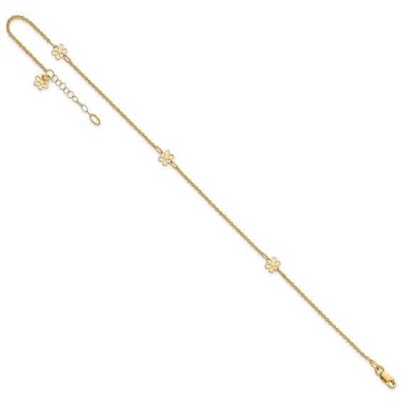14K Flowers 3-Station with Flower Dangle 10 inch Plus 1 inch Extender - Total 11 inch Anklet