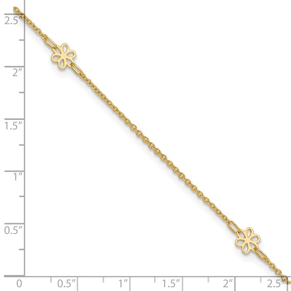 14K Flowers 3-Station with Flower Dangle 10 inch Plus 1 inch Extender - Total 11 inch Anklet