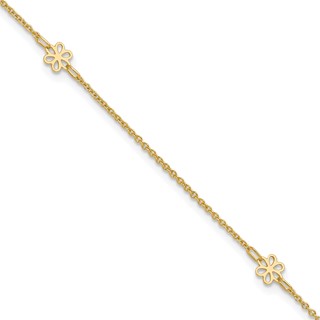 14K Flowers 3-Station with Flower Dangle 10 inch Plus 1 inch Extender - Total 11 inch Anklet