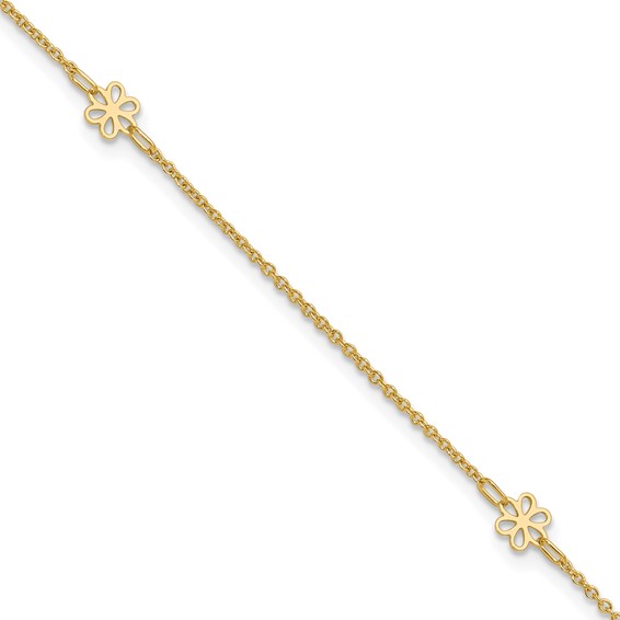 14K Flowers 3-Station with Flower Dangle 10 inch Plus 1 inch Extender - Total 11 inch Anklet