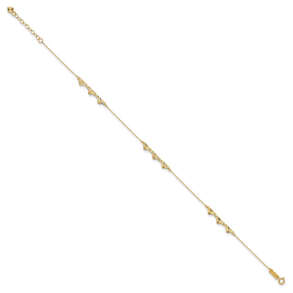 14K Diamond-cut Hearts 9 inch Anklet Plus1 inch Heart Dangle Extender (ANK307-9)