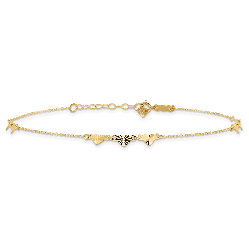 14K Diamond-cut Hearts 9 inch Anklet Plus1 inch Heart Dangle Extender (ANK307-9)