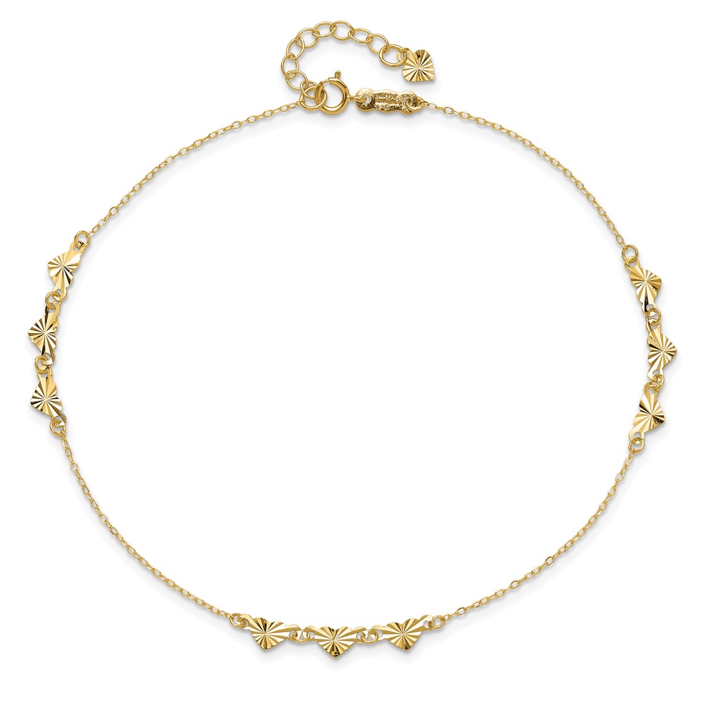 14K Diamond-cut Hearts 9 inch Anklet Plus1 inch Heart Dangle Extender (ANK307-9)