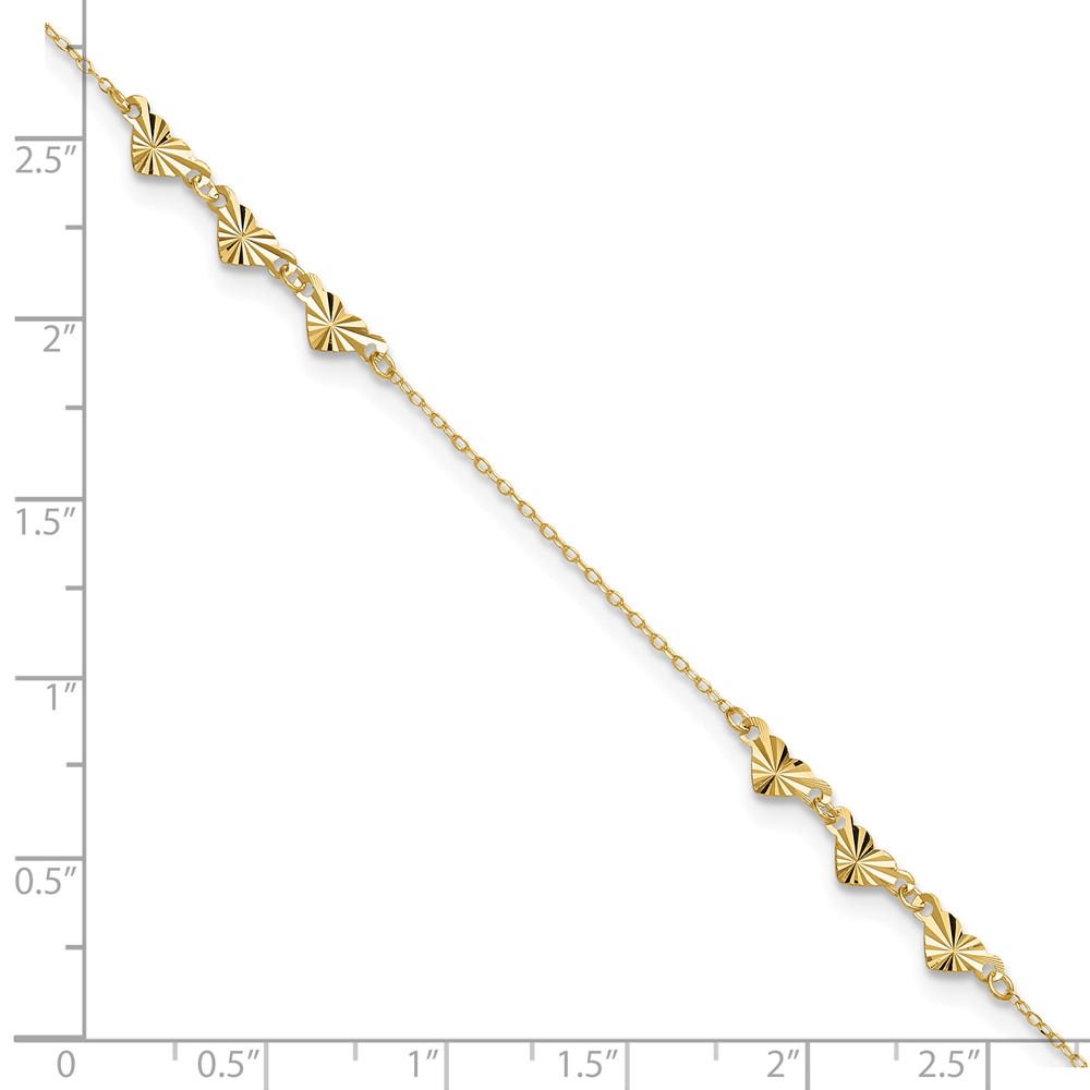14K Diamond-cut Hearts 9 inch Anklet Plus1 inch Heart Dangle Extender (ANK307-9)