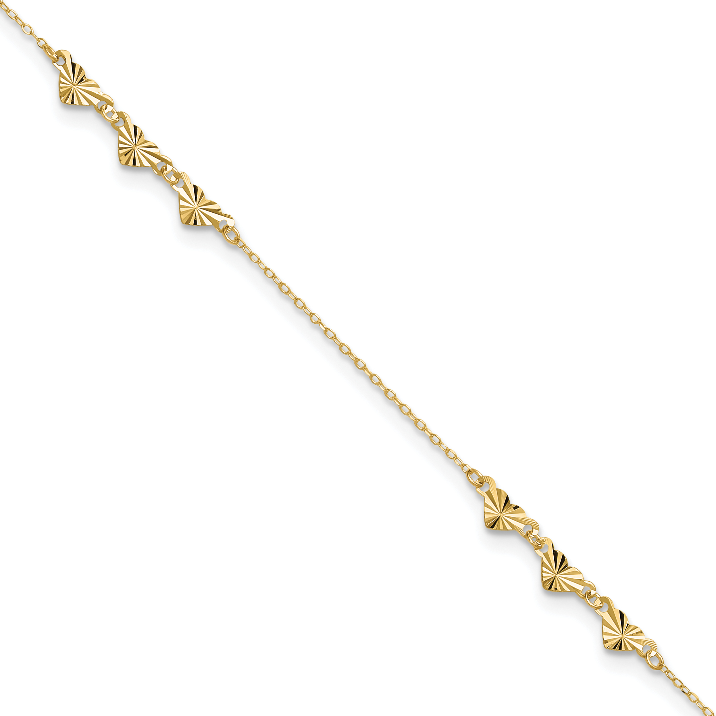 14K Diamond-cut Hearts 9 inch Anklet Plus1 inch Heart Dangle Extender (ANK307-9)