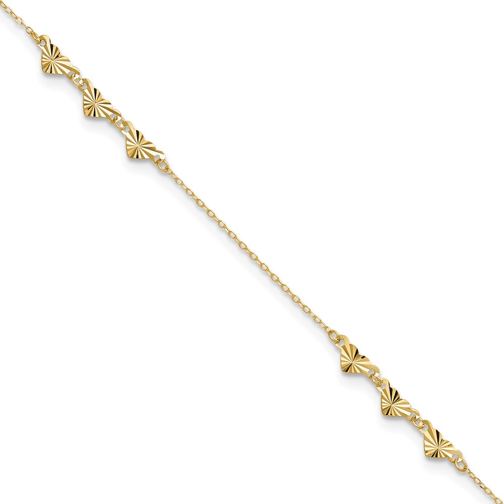 14K Diamond-cut Hearts 9 inch Anklet Plus1 inch Heart Dangle Extender (ANK307-9)