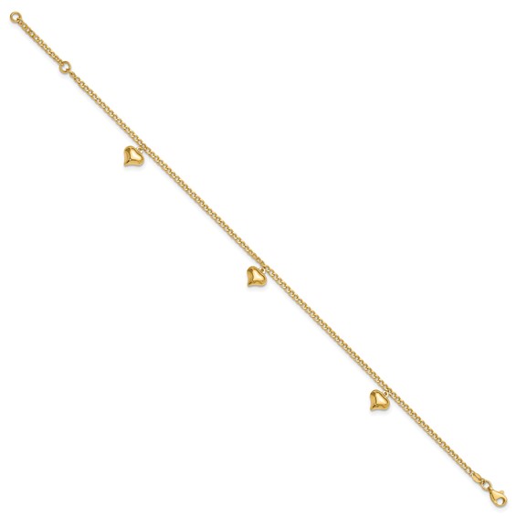 14K Polished Curb Chain with 3 Puffed Heart Dangles 9 inch Plus 1 inch Extender - Total 10 inch Anklet