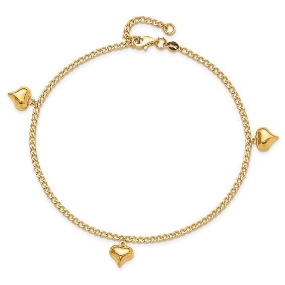 14K Polished Curb Chain with 3 Puffed Heart Dangles 9 inch Plus 1 inch Extender - Total 10 inch Anklet