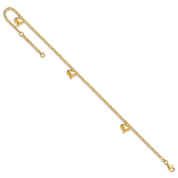 14K Polished Curb Chain with 3 Puffed Heart Dangles 9 inch Plus 1 inch Extender - Total 10 inch Anklet
